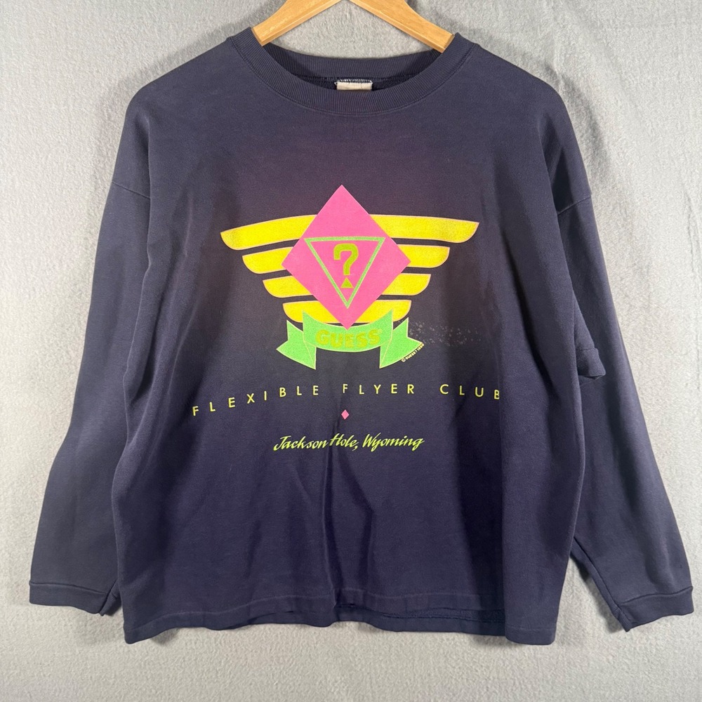 Vintage 1990 Guess Flexible Flyer Club Jackson Hole Wyoming Sweatshirt Navy L